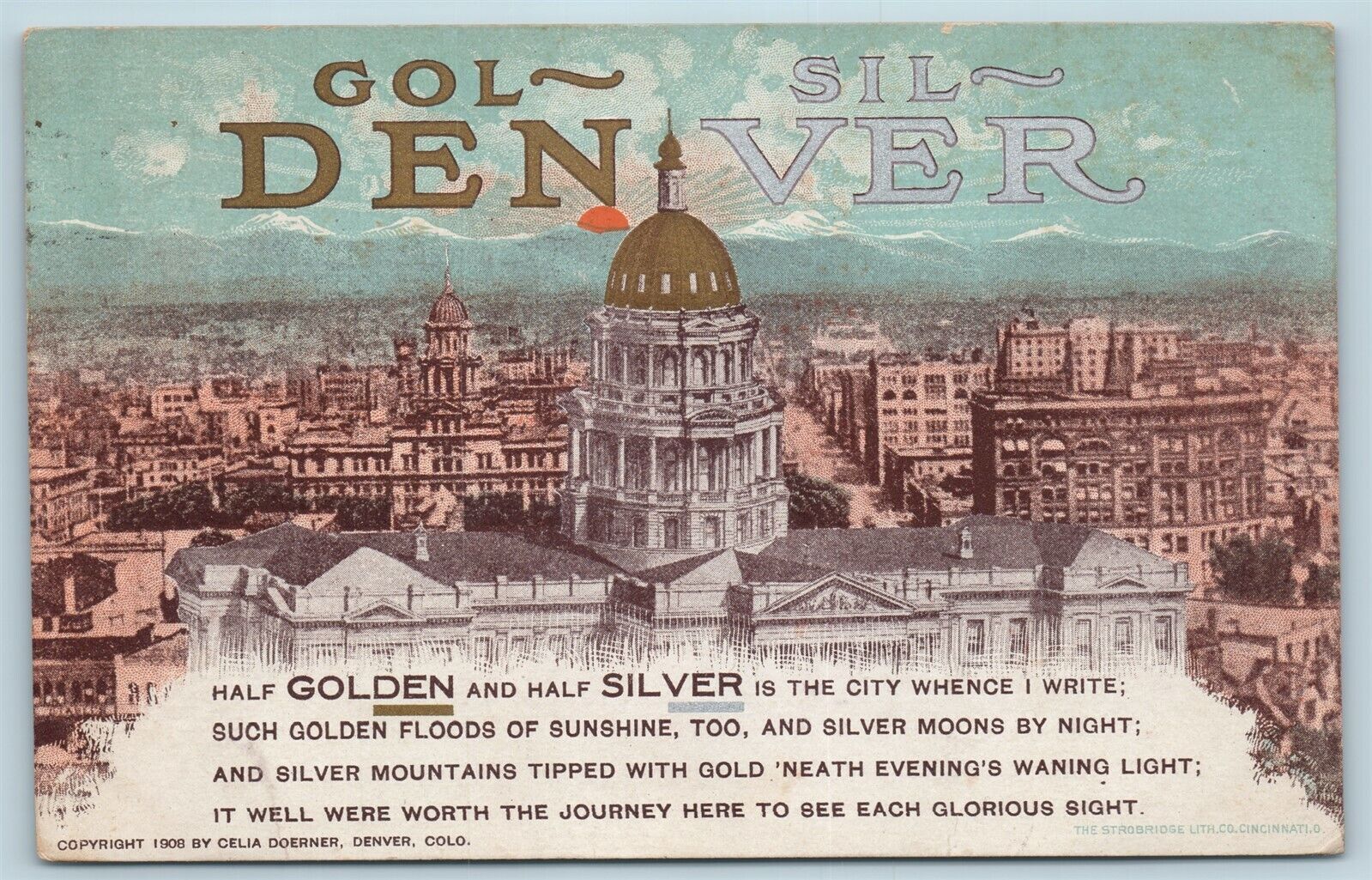 Postcard CO Denver Colorado Half Golden Half Silver 1908 City View F28