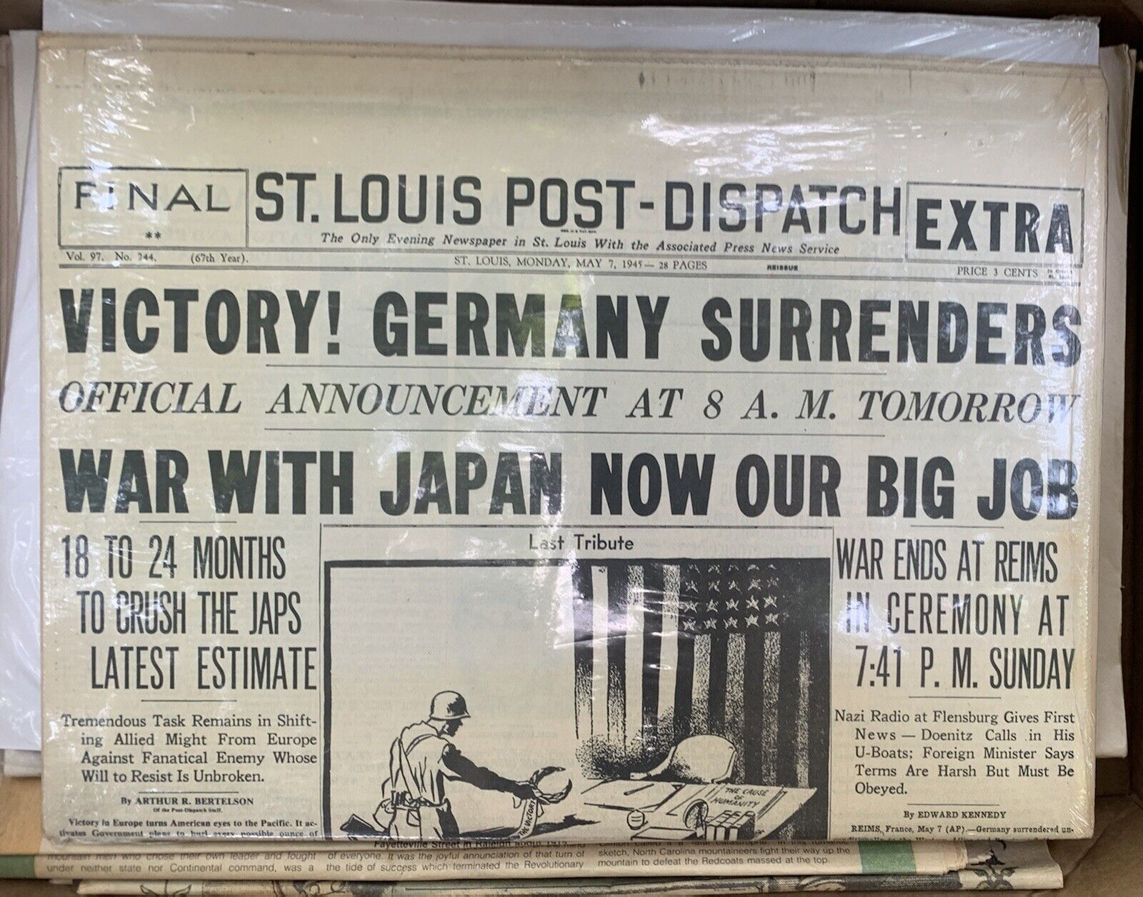 Preserved In Plastic Seal- Saint Louis Post Dispatch Newspaper May 7, 1945
