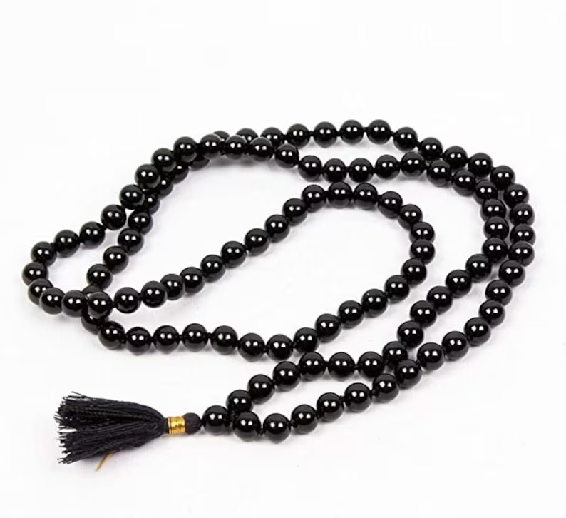 8mm Black Onyx Japa Mala, Tassel Necklace 108 Prayer Beads Healing Mediation
