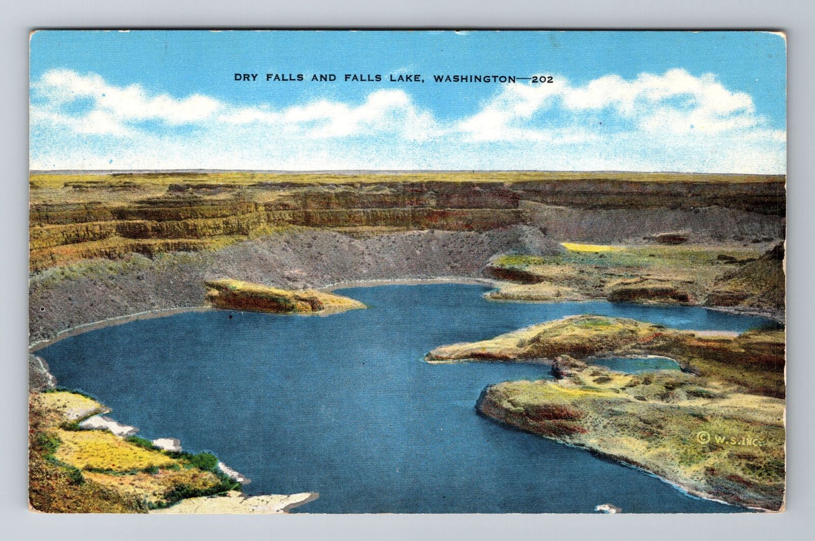 WA-Washington, Dry Falls And Falls Lake, Aerial, Antique, Vintage Postcard