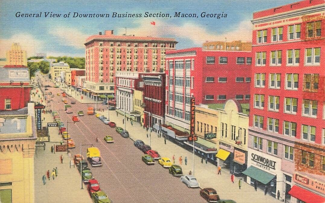 c1940 Aerial View Downtown Street Scene Signs Bus Cars Macon Georgia GA P542