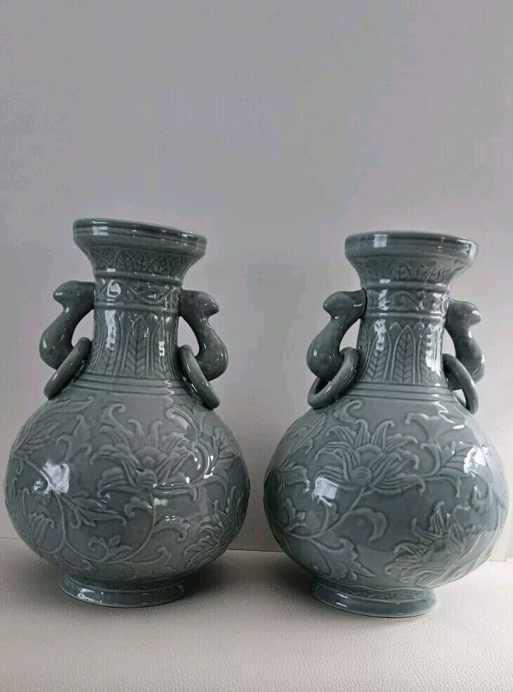 Vintage Pair of Chinoiserie Celadon Lotus Vases