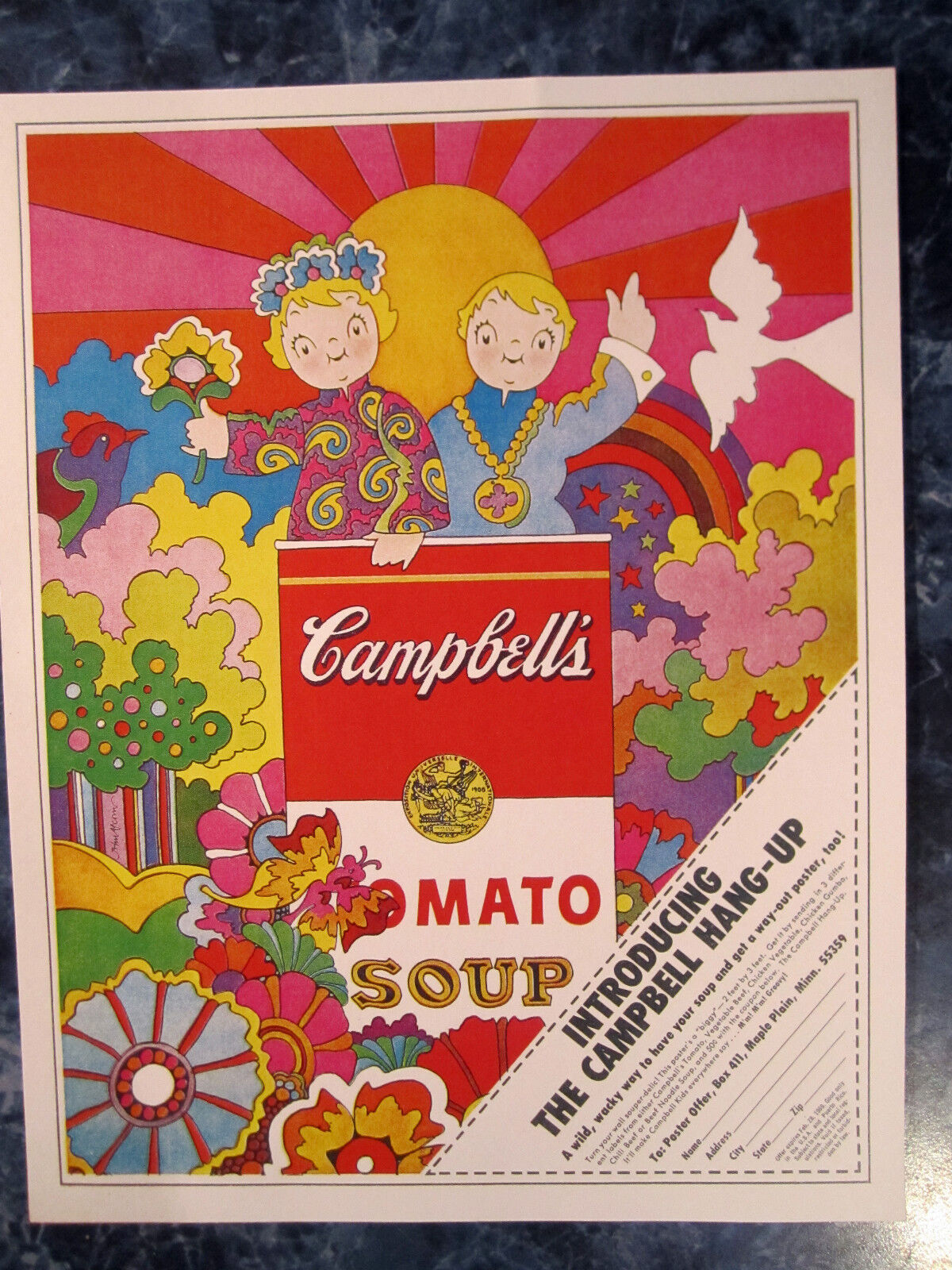 RARE 1960\'s CAMPBELL SOUPER-DELIC GROOVY COLORFUL HIPPY KIDS  WAY OUT SIGN AD