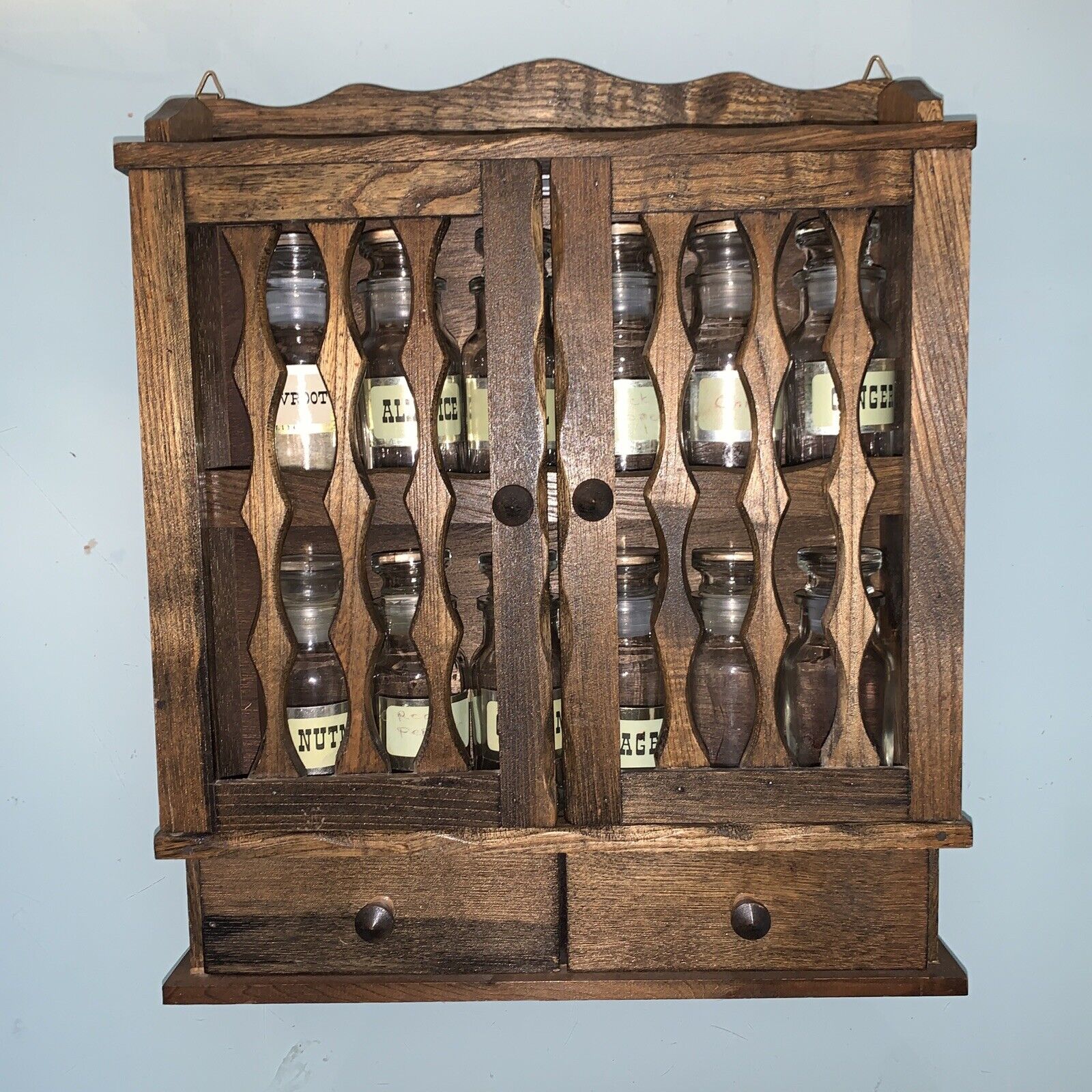 Vintage Wood Spice Cabinet Rack with Glass Jars