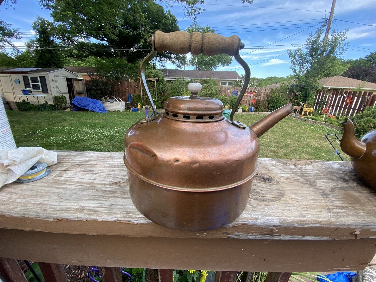 Antique early 1900's Copper Tea Kettle w/stationary handle & vented lid England