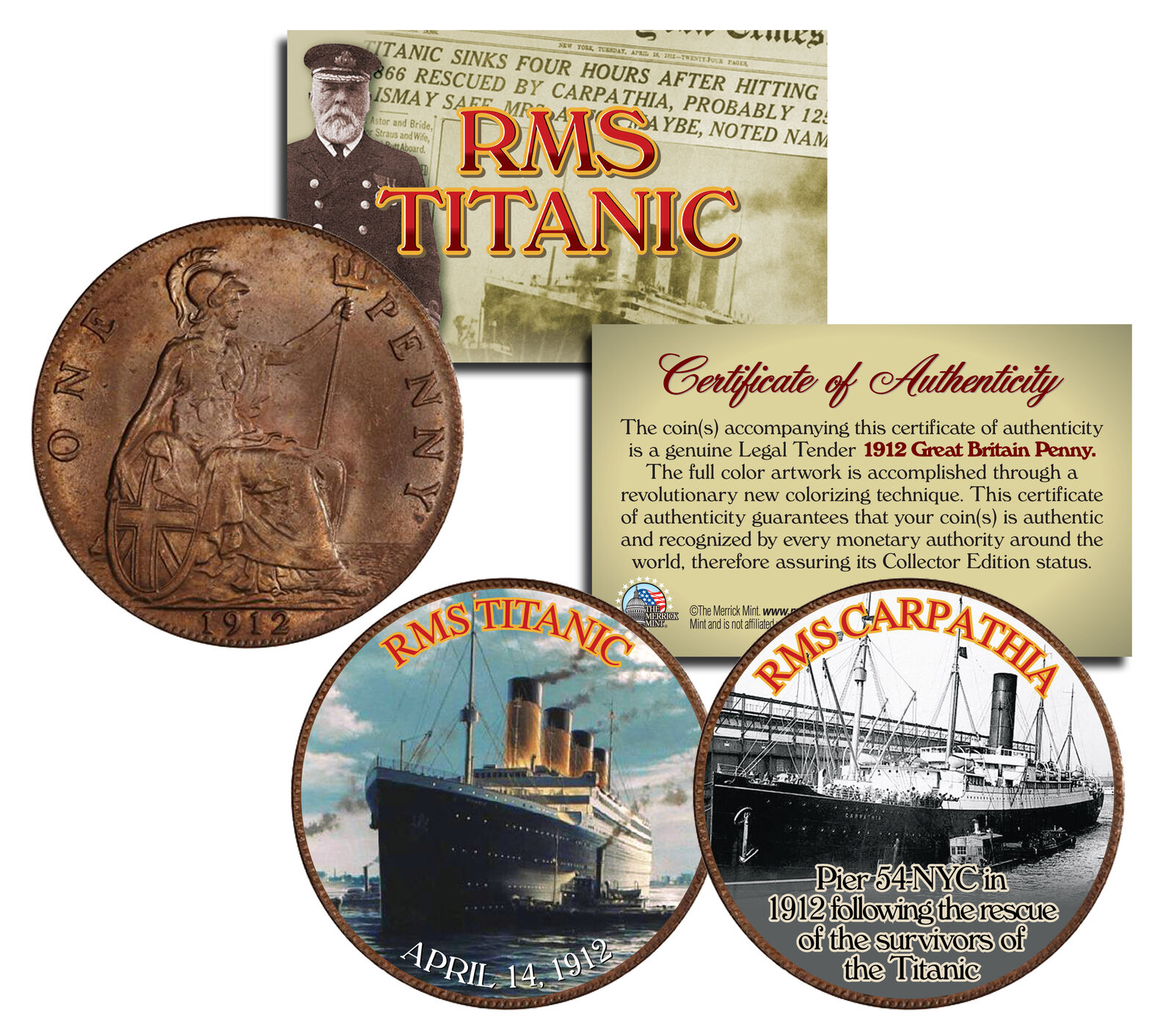 RMS TITANIC & RMS CARPATHIA 1900’s Gold Clad Britain Pennies 2-Coin Set