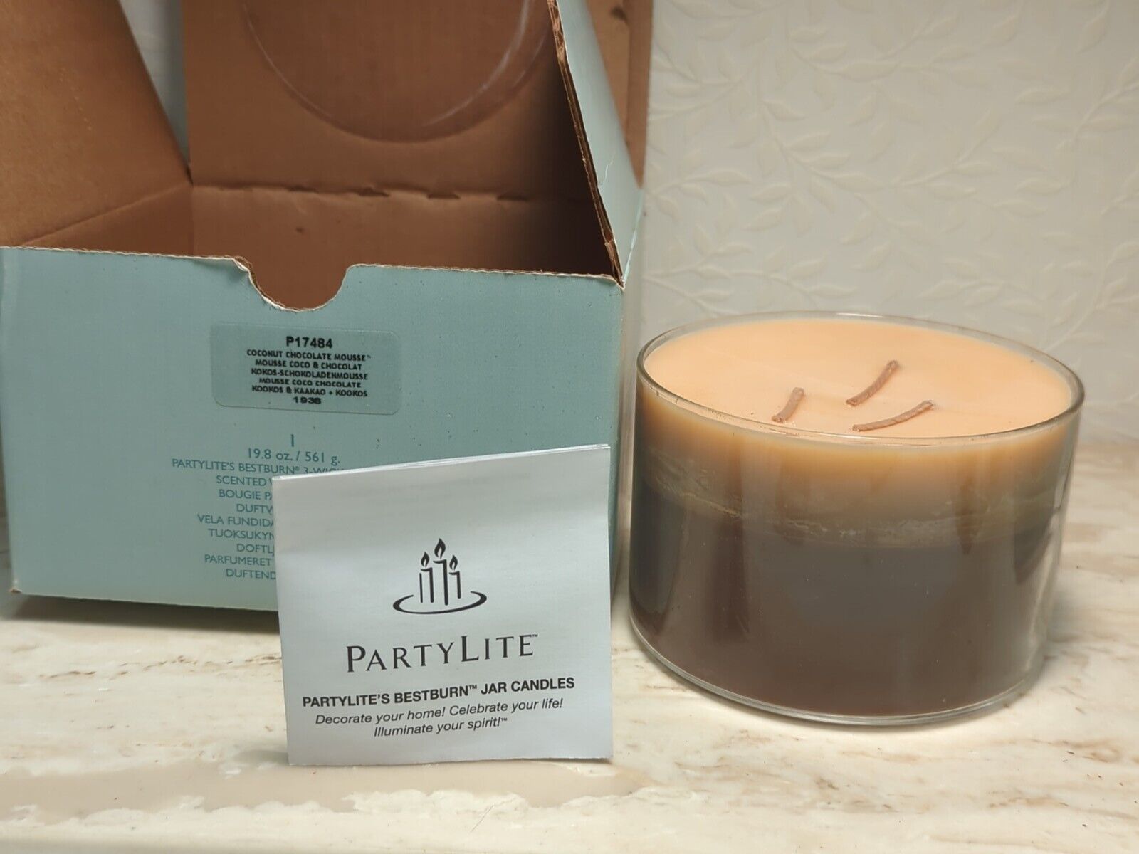 New PartyLite 3-Wick Jar Candle Best Burn 19.8 oz Coconut Chocolate Mousse Glass