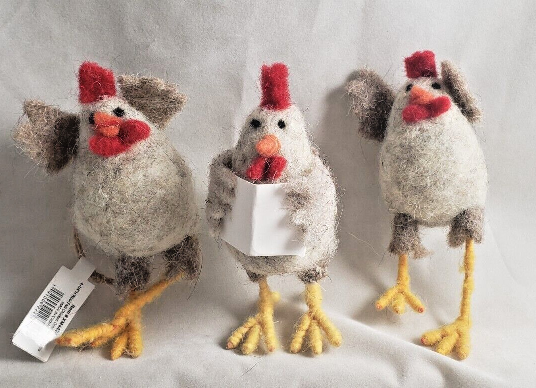 Crazy Chickens set of 3 wool ornaments Easter