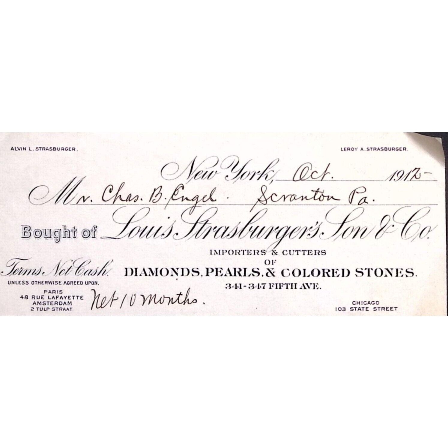 1912 NEW YORK LOUIS STRASBURGER\'S SON & CO DIAMONDS PEARLS BILLHEAD INVOICE Z121