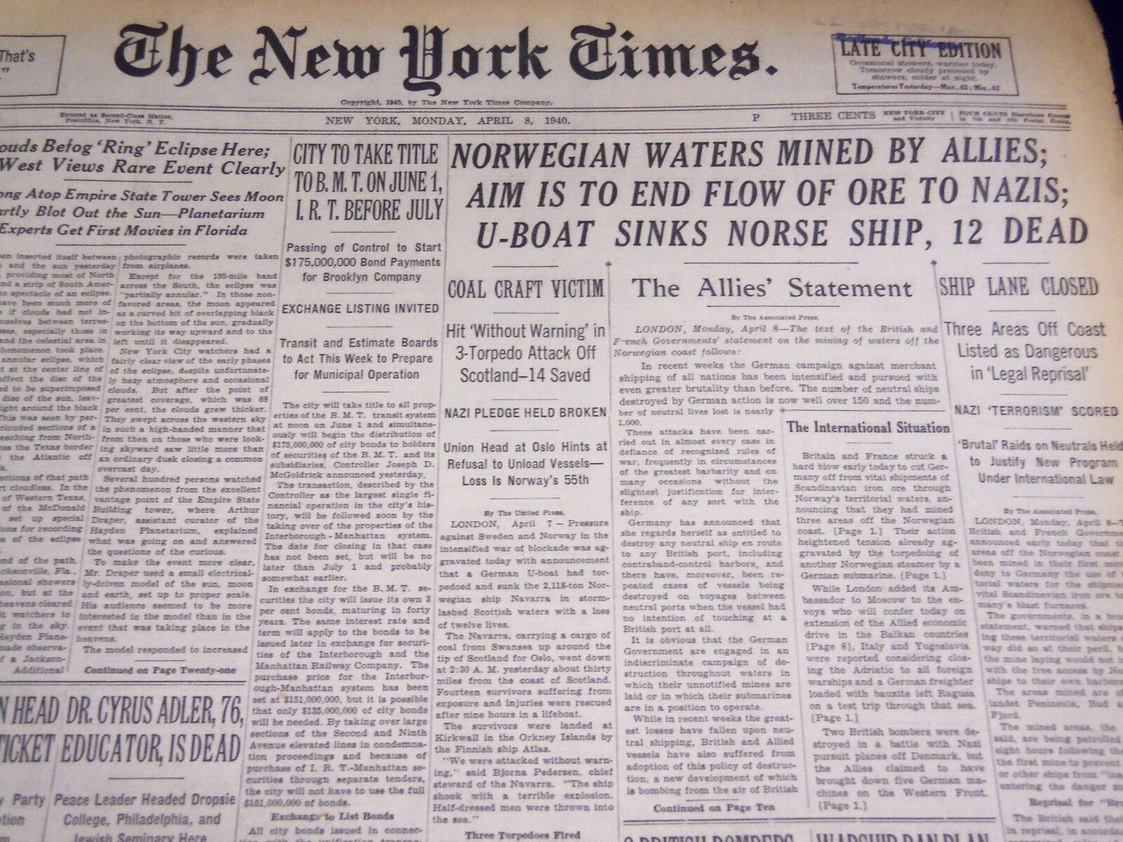 1940 APRIL 8 NEW YORK TIMES - NORWEGIAN WATERS MINED - NT 2897