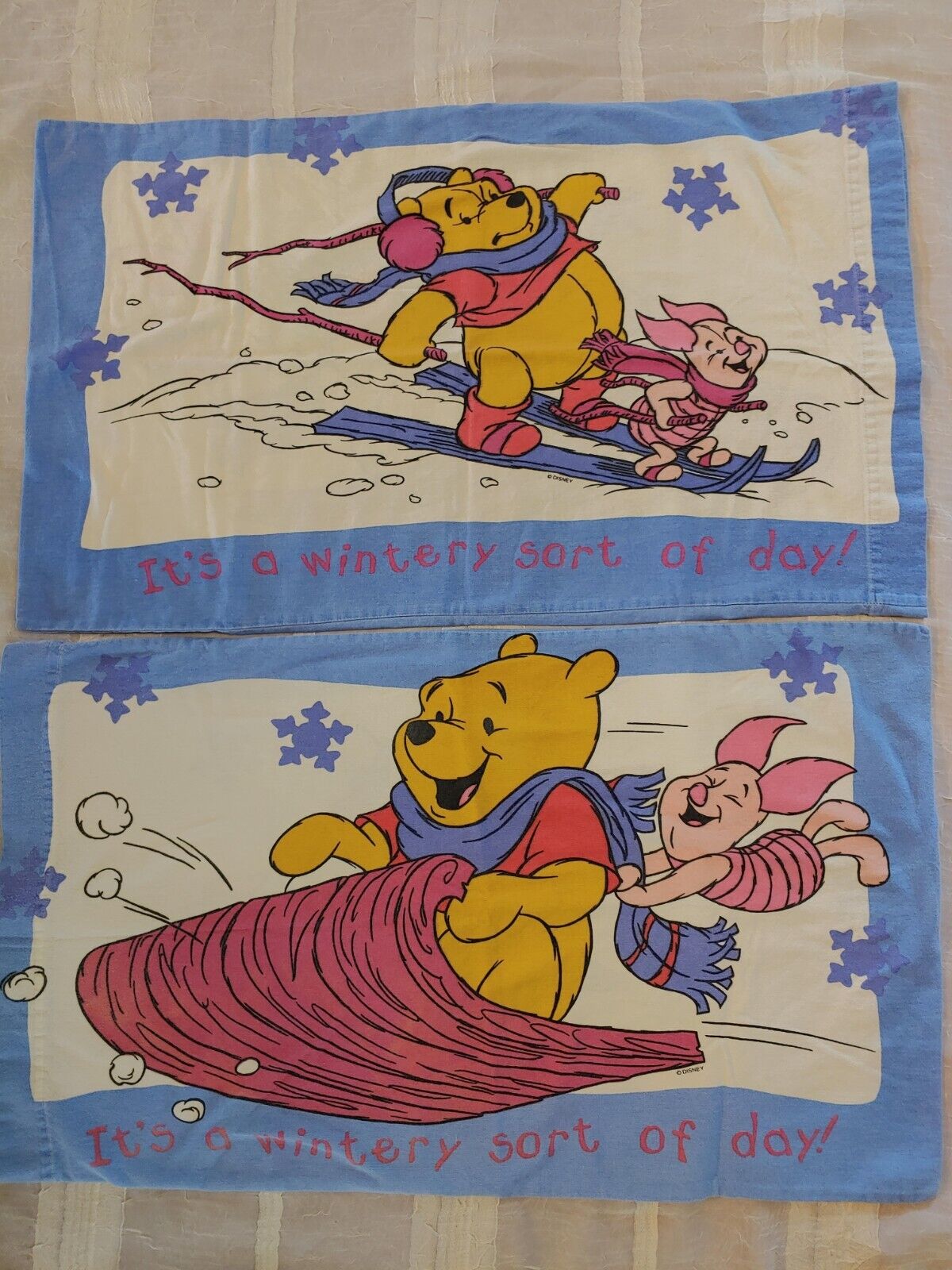 Vintage 90s Set Of 2 Winnie The Pooh Standard Pillow Cases Winter Themed