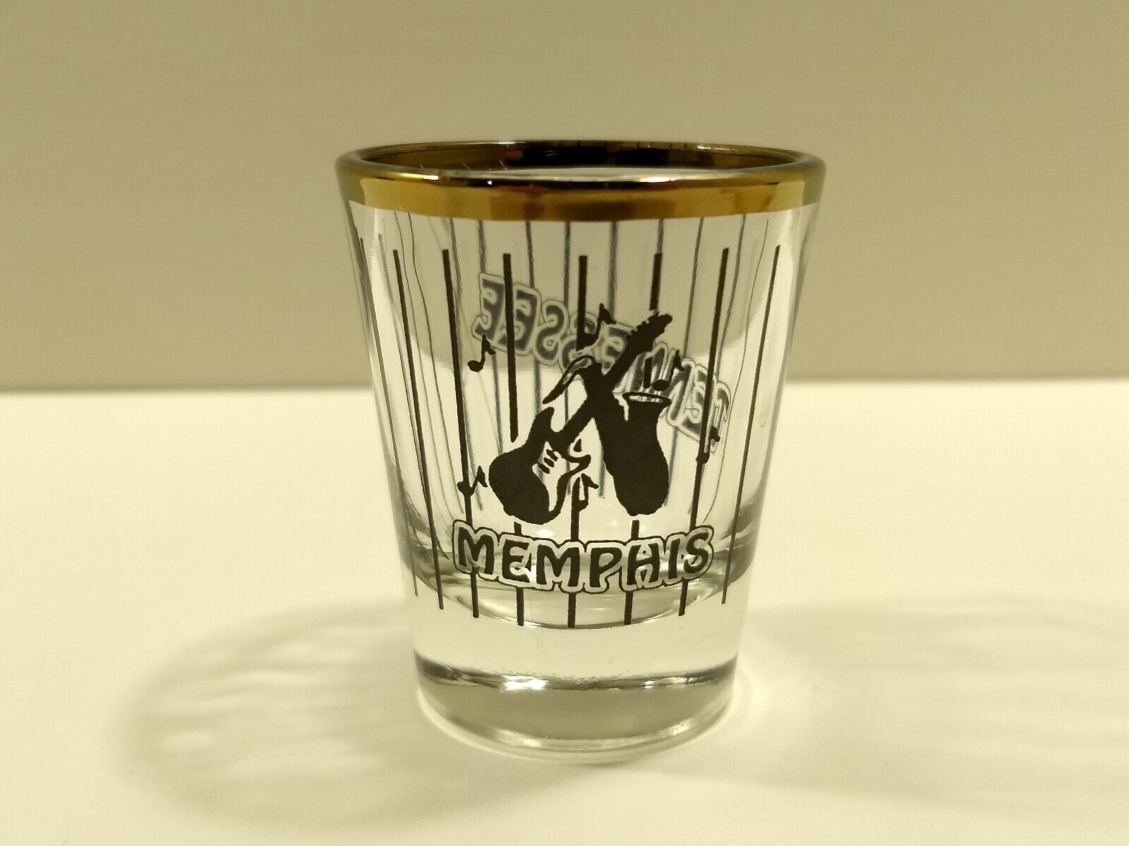 Vtg Memphis Tennessee Black Striped Classic Shot Glass w/ Musical Instruments 
