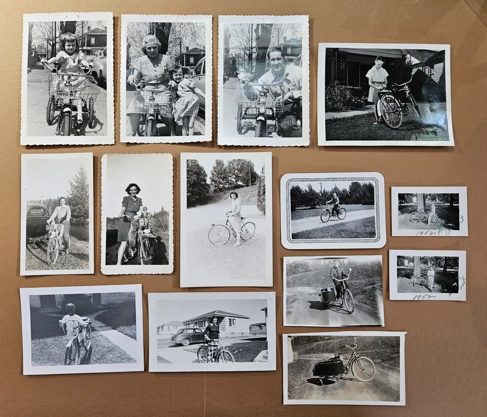 14 assorted original antique photo snapshot lot, people with bikes