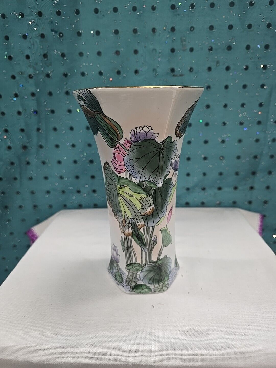 Vintage TOYO Handpainted Trumpet Vase, Lily Pads, Lotus Flowers, 7\