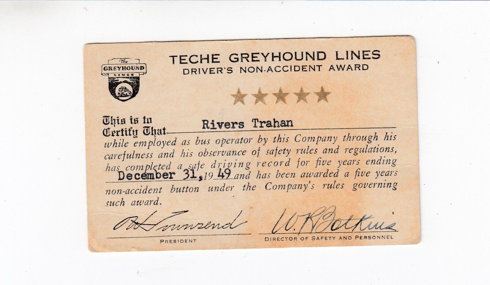 1949 Greyhound Teche Greyhound Lines Non-Accident Award