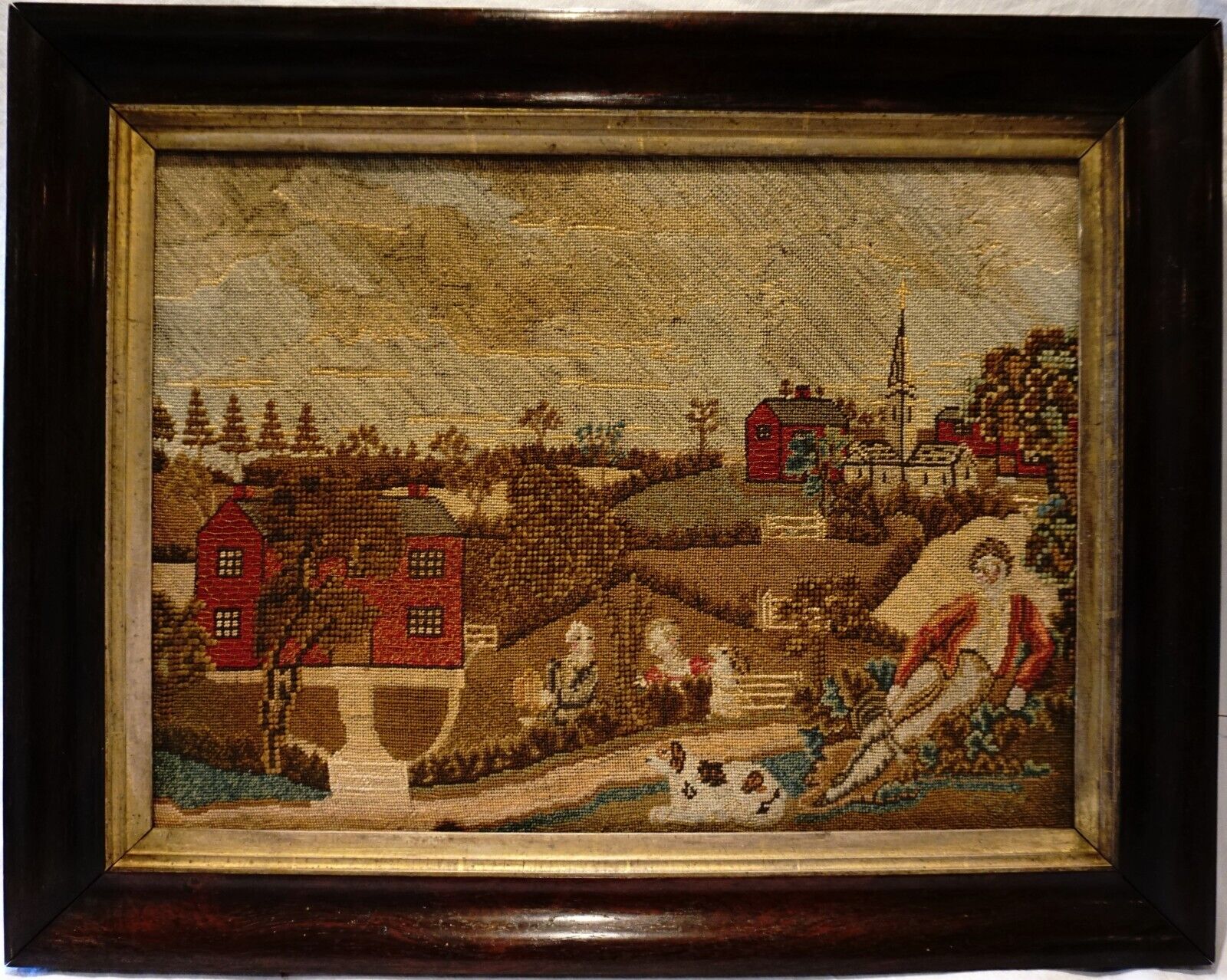 MID 19TH CENTURY NEEDLEPOINT OF A RURAL SCENE WITH DOGS & FIGURES - c.1860