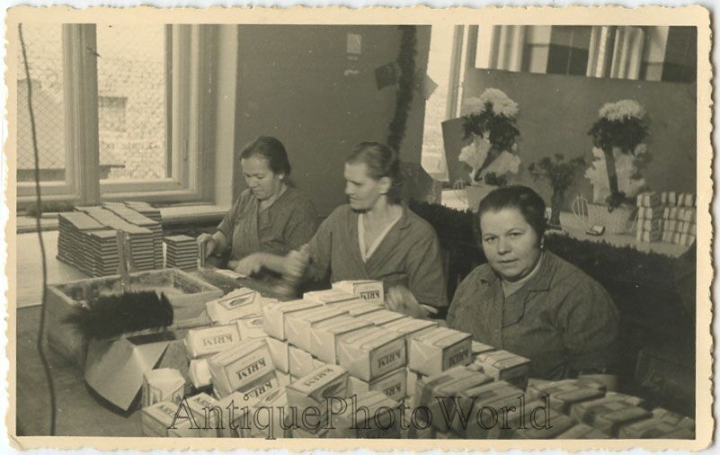 Tobacco factory women workers with cigarette packs antique photo