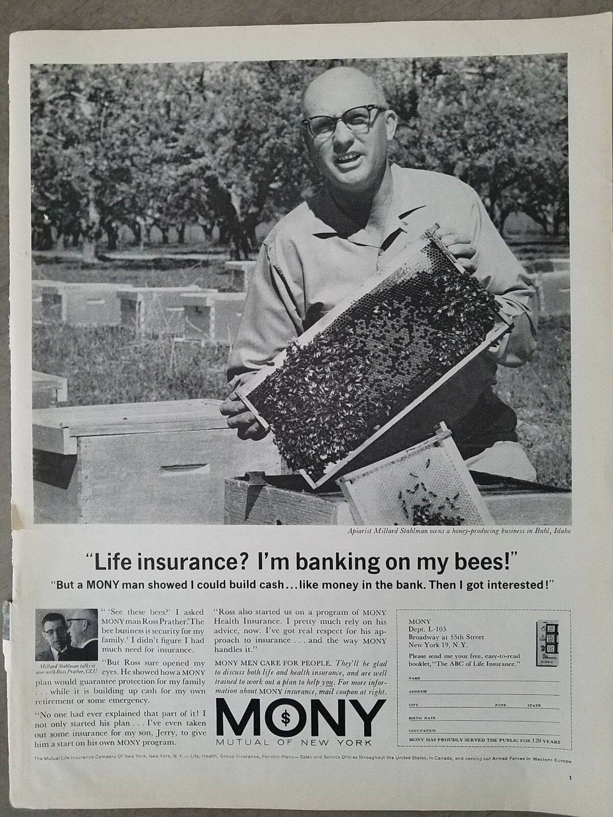 1963 Mony Mutual life insurance apiarist honeybees Buhl Idaho beekeeper ad