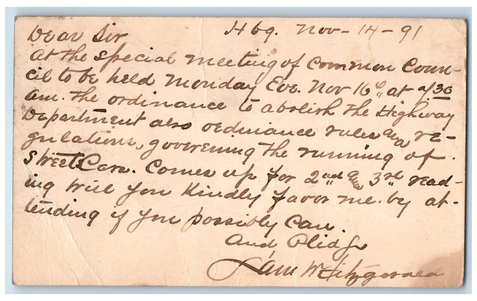 1891 Special Council Meeting Harrisburg Pennsylvania PA Antique Postal Card