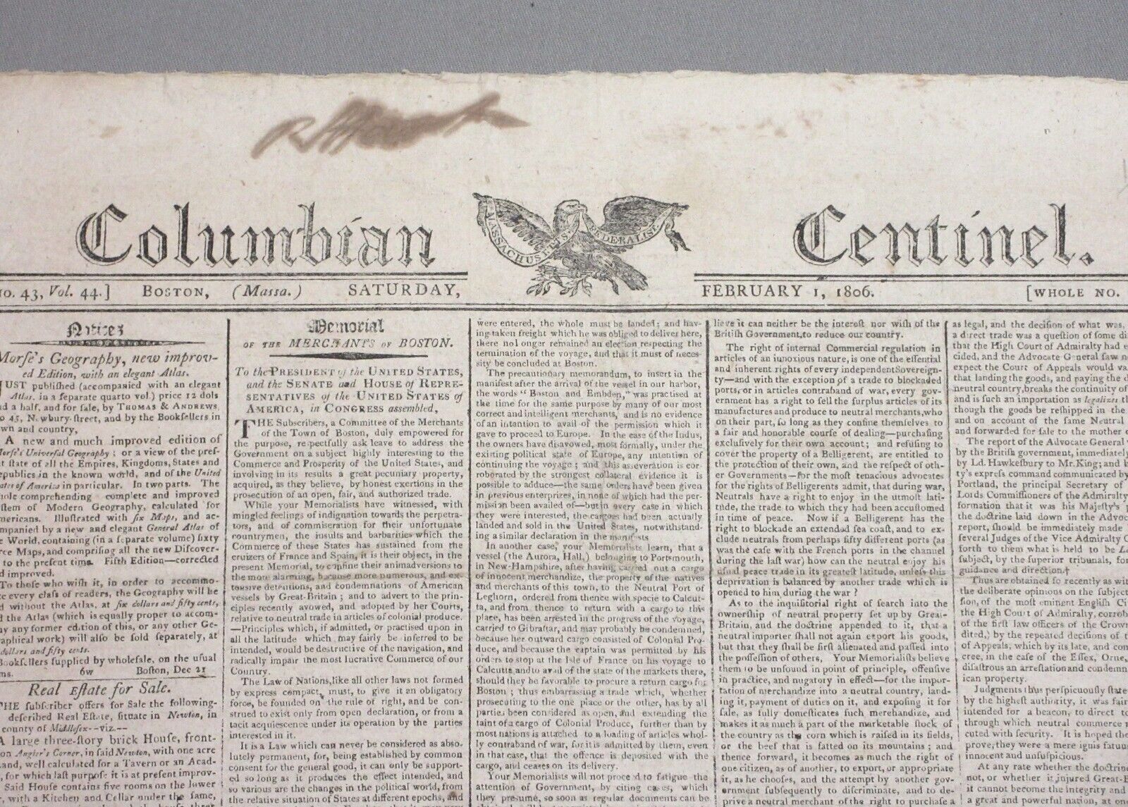 Original 1806 COLUMBIAN CENTINEL Newspaper No. 43 Vol. 44, 4 pgs. Boston