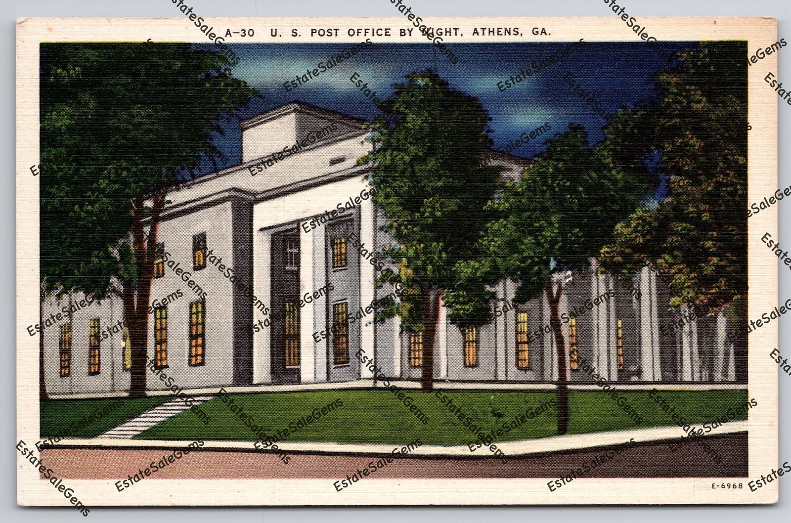 Vintage Postcard US Post Office By Night Athens Georgia