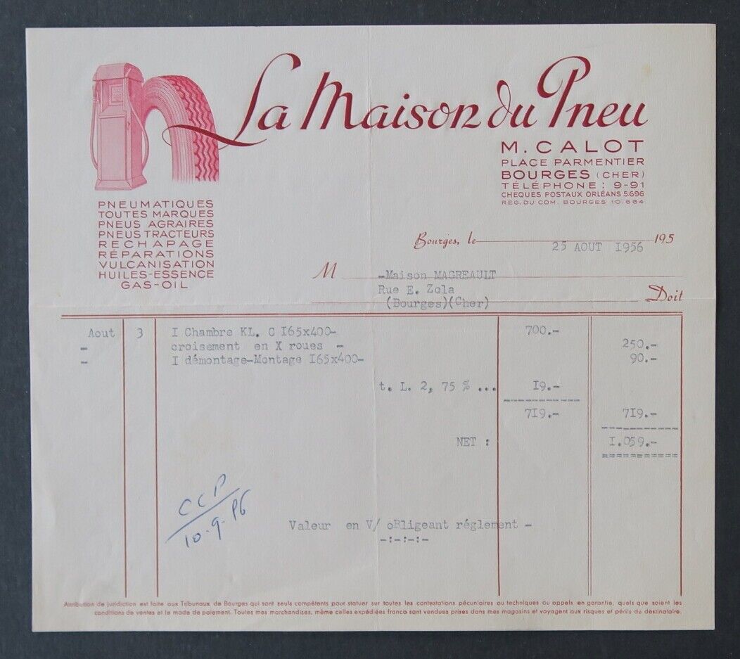 1956 invoice BOURGES CALOT LA MAISON DU PNEU beautiful illustrated header 46