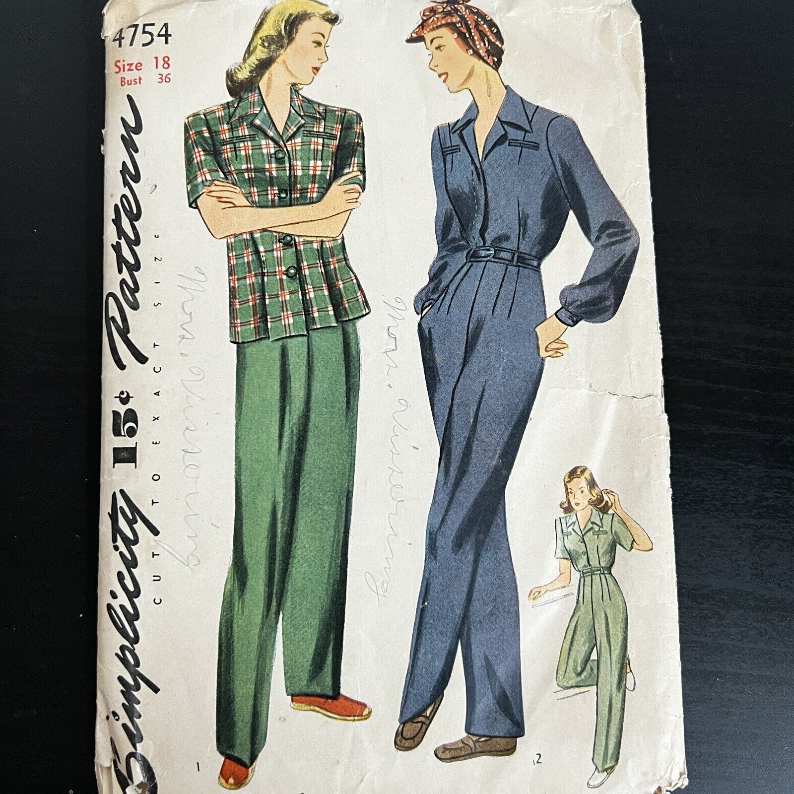 Vintage 1940s Simplicity 4754 Slim Fit Pants + Shirt Sewing Pattern 18 M/L USED
