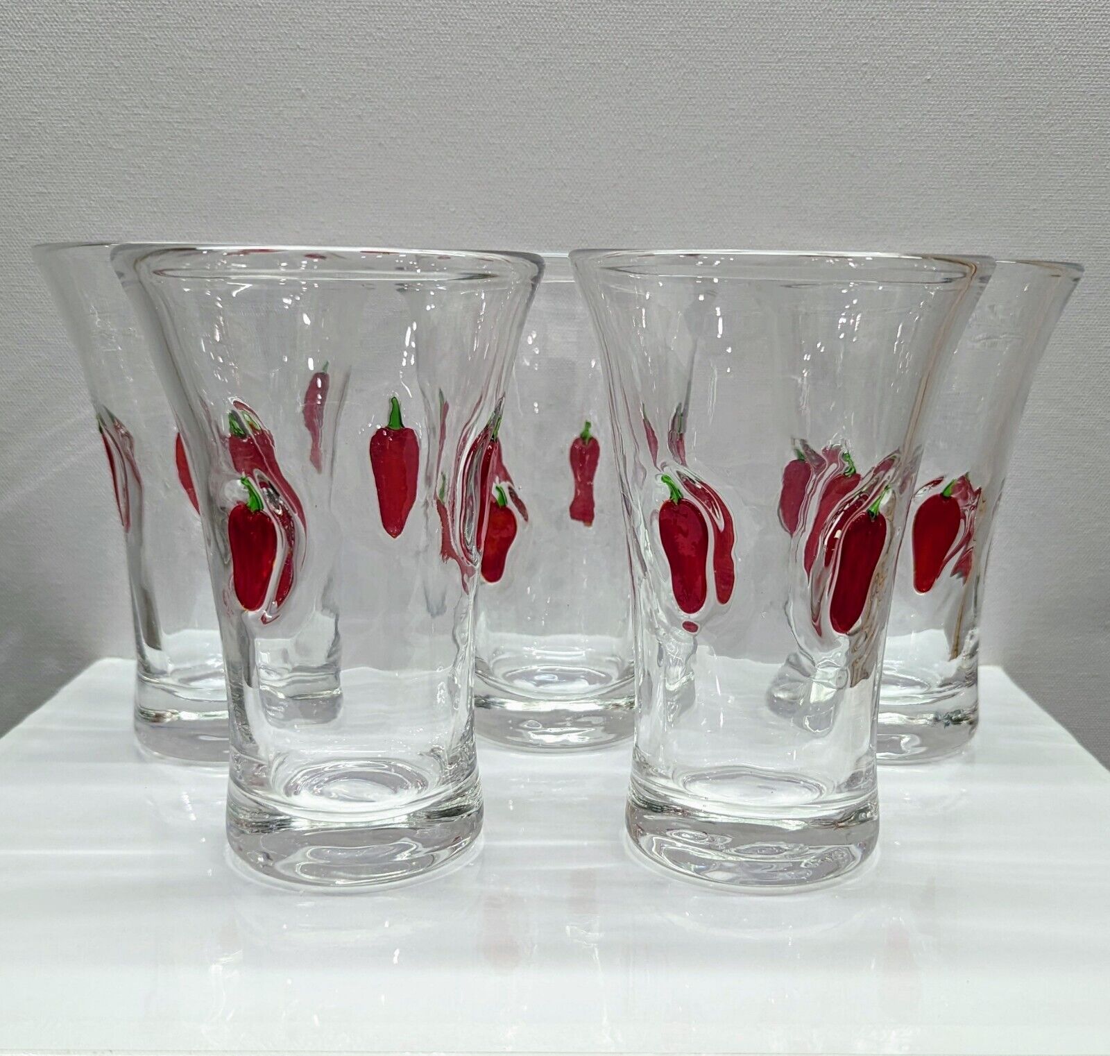 Hot Hot Hot Lovely Set of 5 Vintage Water Glasses with Red Glass Chili Peppers 