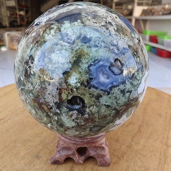 880g Natural Aquatic Plant Agate Geode Ball Quartz crystal Aura Healing
