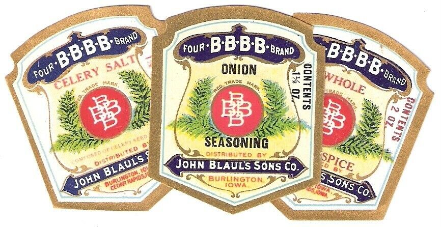 3 Different BBBB Spice Labels John Blaul\'s Sons Burlington & Cedar Rapids, Iowa