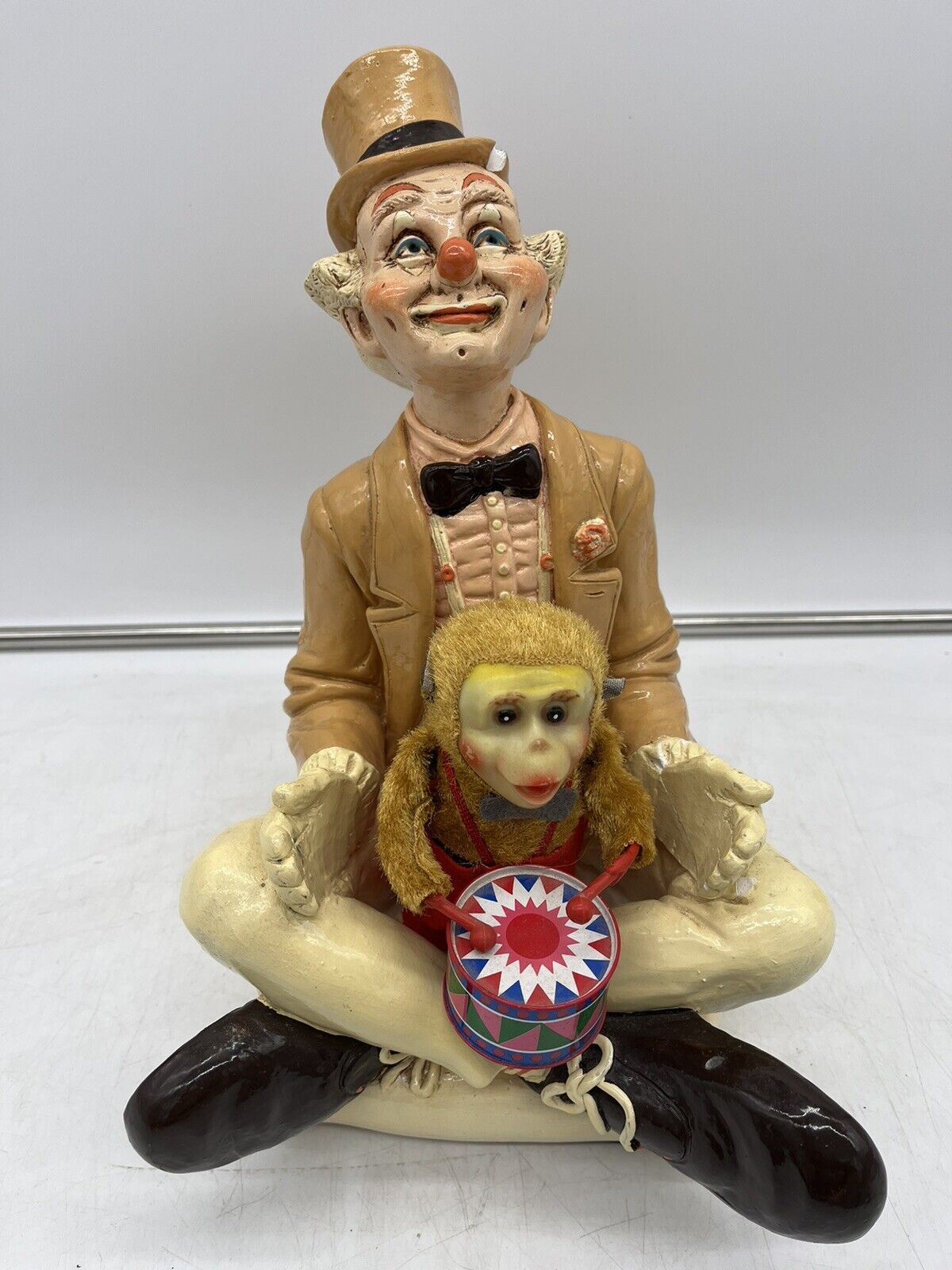 Vintage 1982 Judys Pastime Circus Carnival Clown Statue +Monkey play drum works