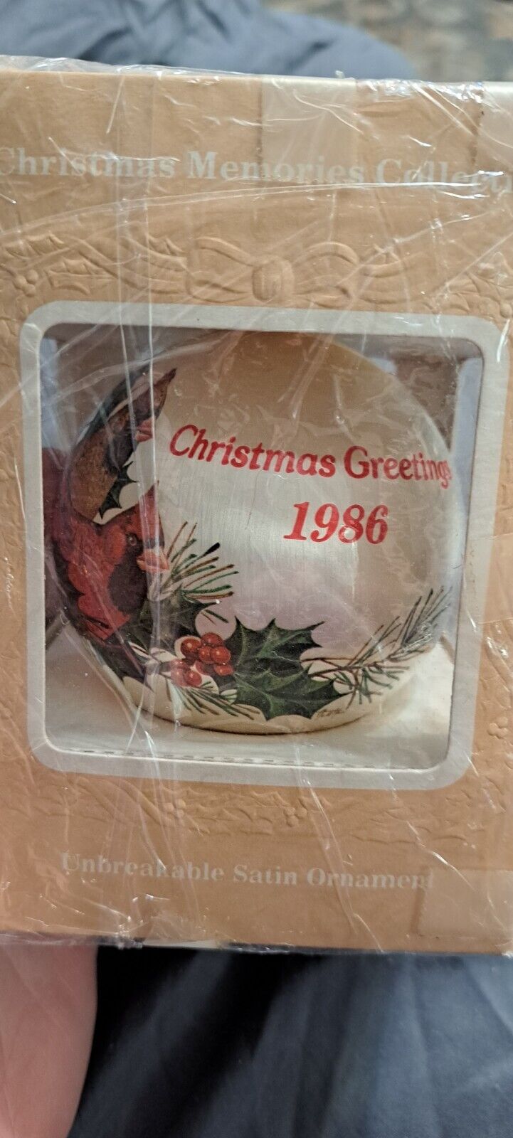 Vintage 1986 Christmas Greetings Cardinal Satin Ball Unbreakable Ornament Birds