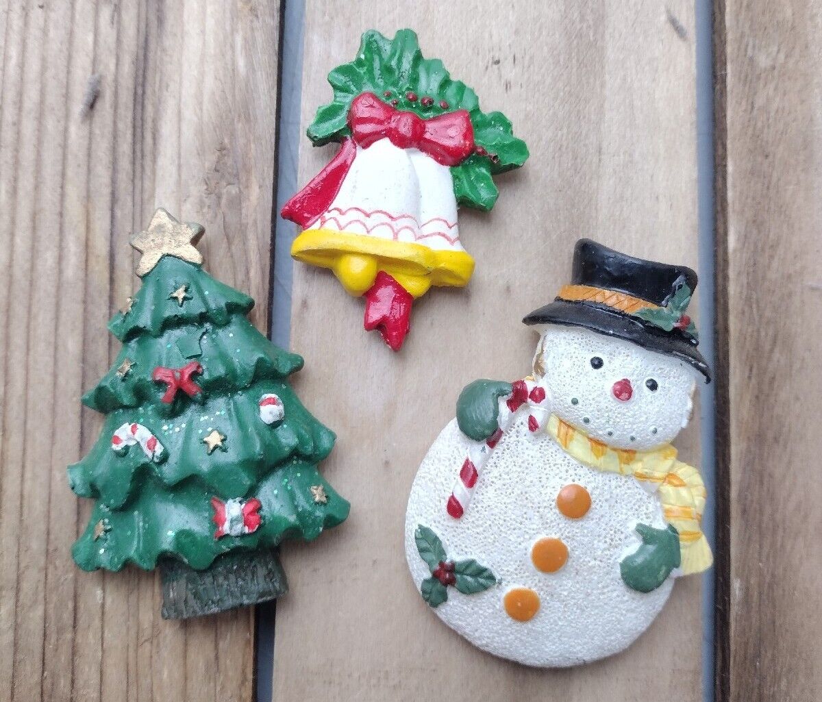 Lot Of 3 Vintage Christmas Magnets Snowman Christmas Tree Bells Holiday Retro