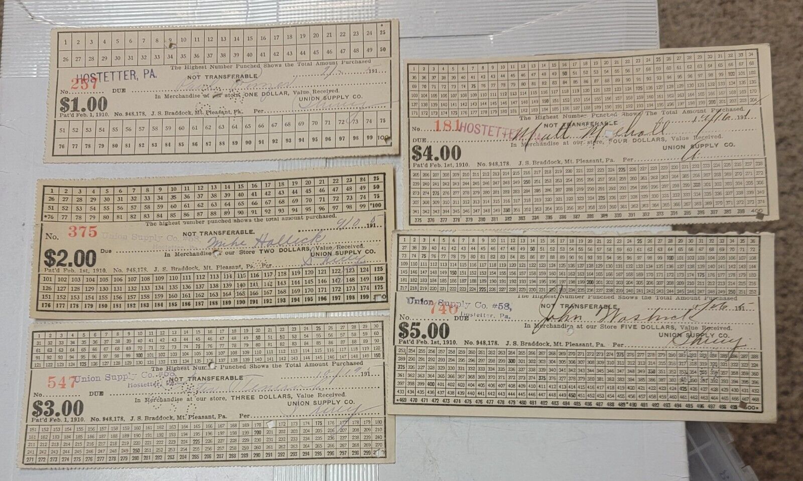 5 UNION SUPPLY CO., HOSTETTER, PA. STORE TICKETS SE345