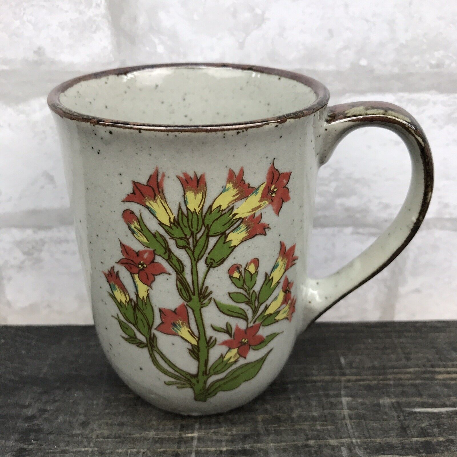 Vtg Speckled Pottery Mug 10oz Double sided floral print Brown trim