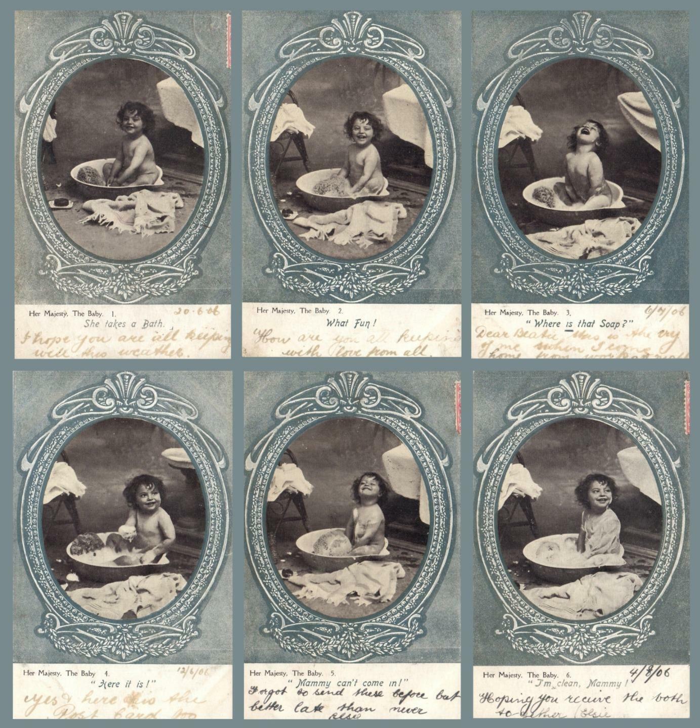1906 Set of HER MAJESTY, THE BABY having BATH POSTCARDS to Albert Park Melbourne