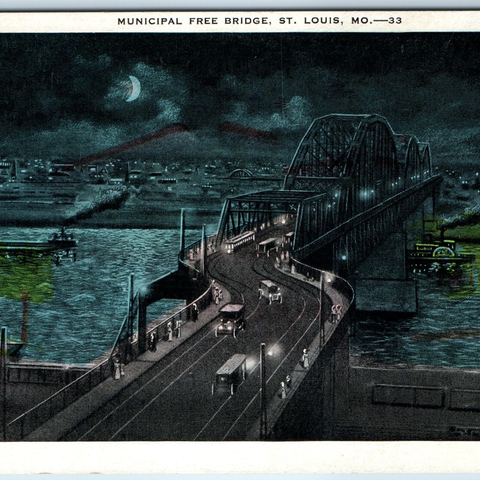c1910s St. Louis, MO Night Roadside Bridge Scene Touring Cars Headlights PC A242