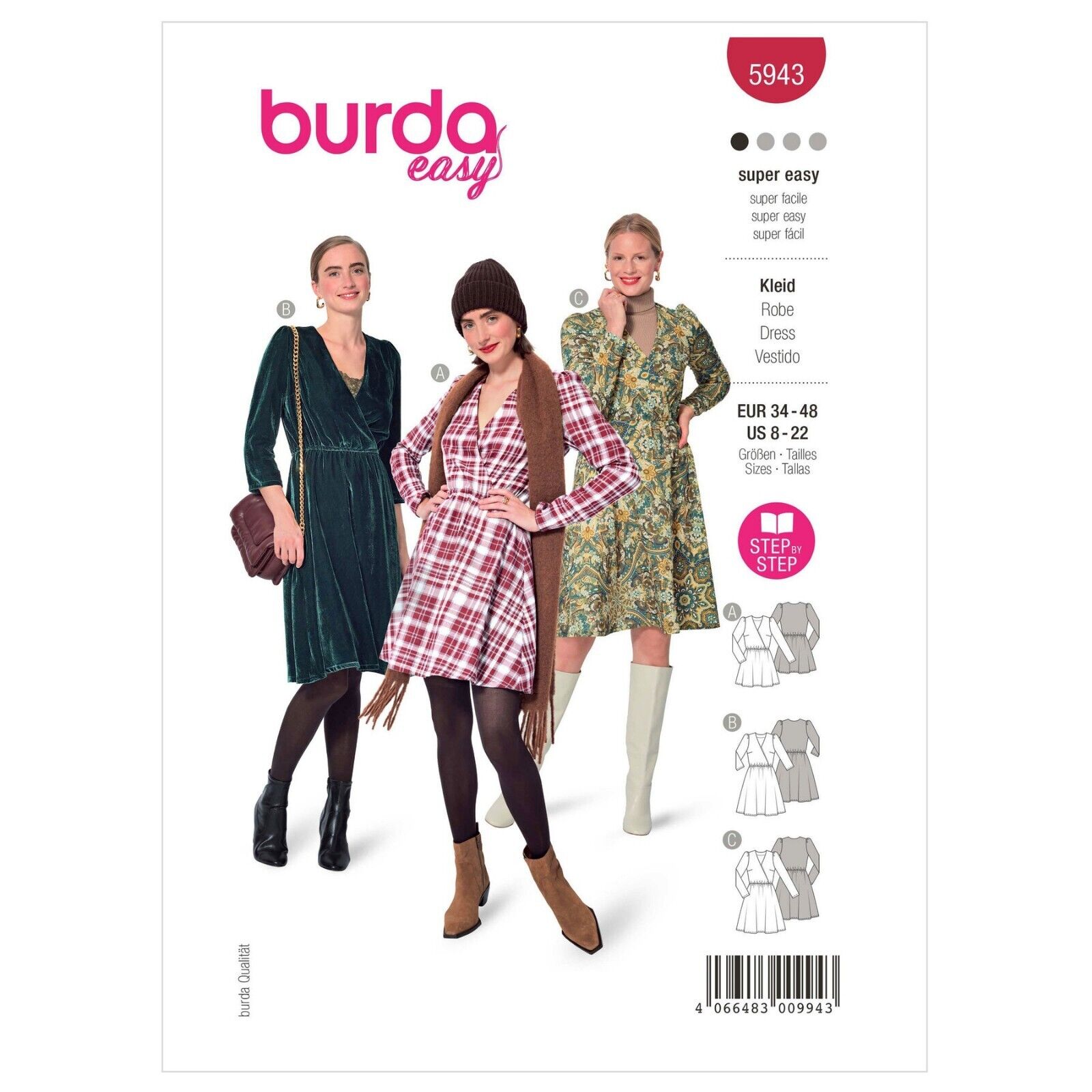Burda Easy Pattern 5943 Mini Midi Dress Bodice Wrap Bodice Size Bust 30-43 Uncut