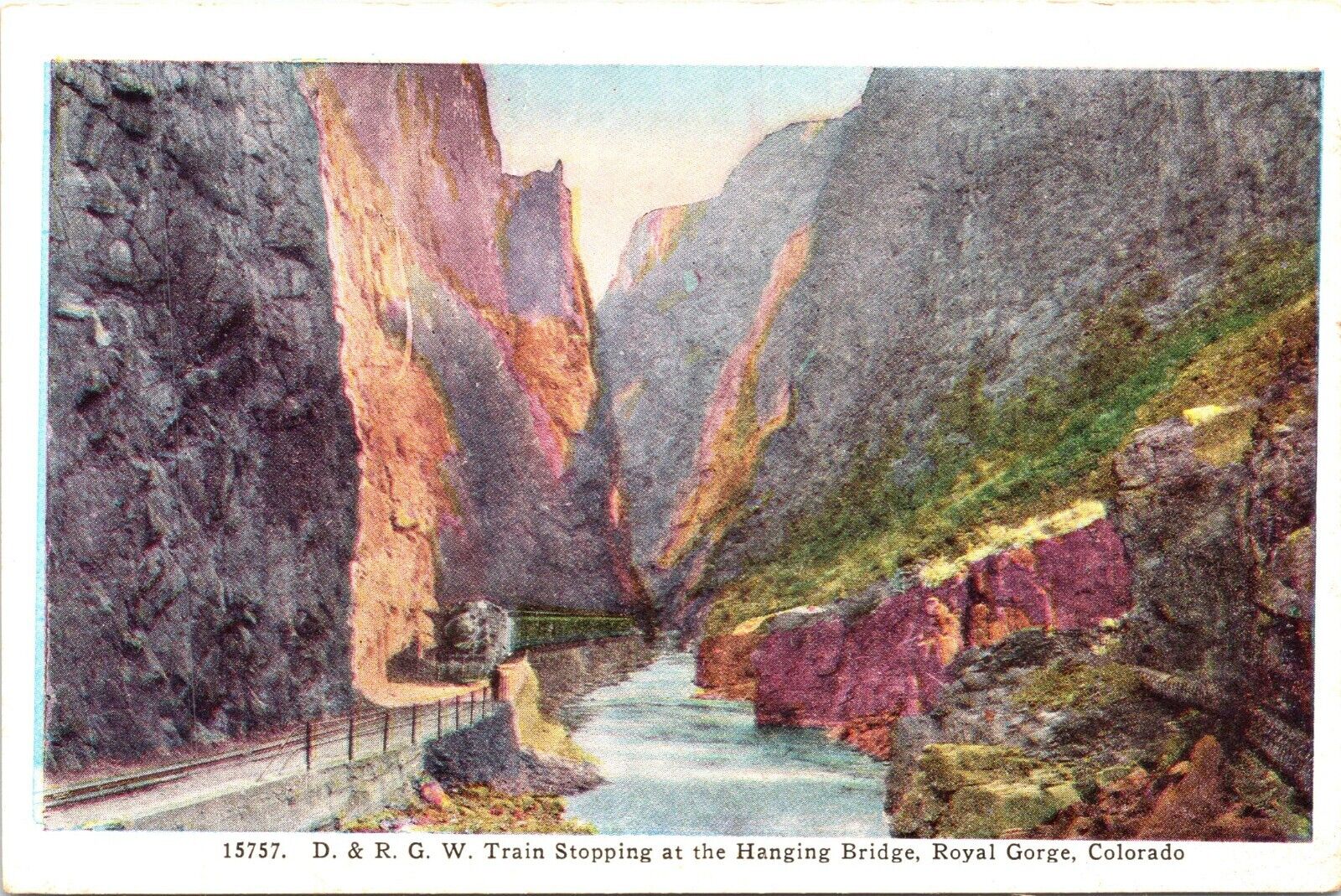 D & R G W Train Stopping at the Hanging Bridge, Royal Gorge, Colorado Postcard