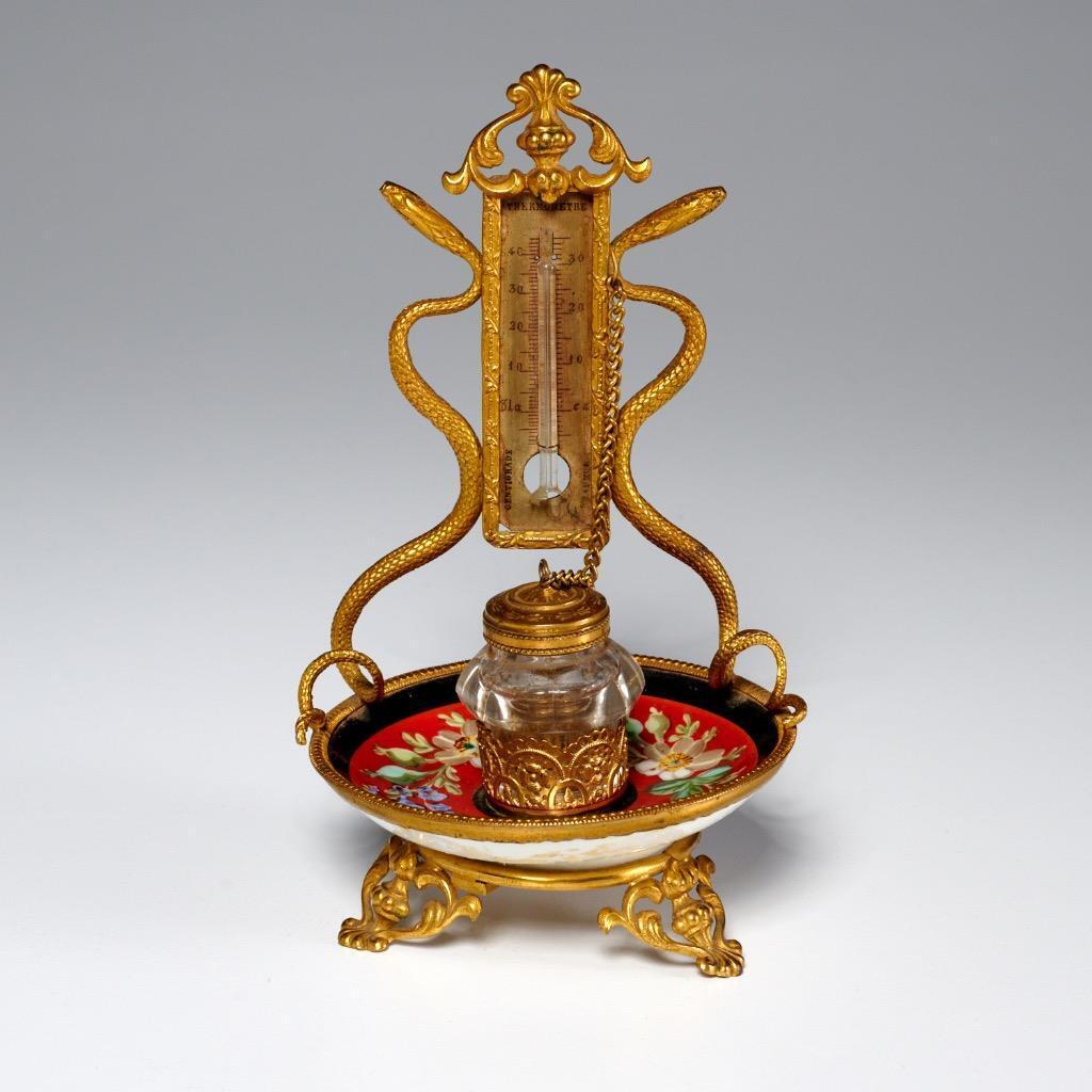 Napoleon III Baccarat Glass and Chinese Porcelain Brass Snake Inkwell Stand RARE