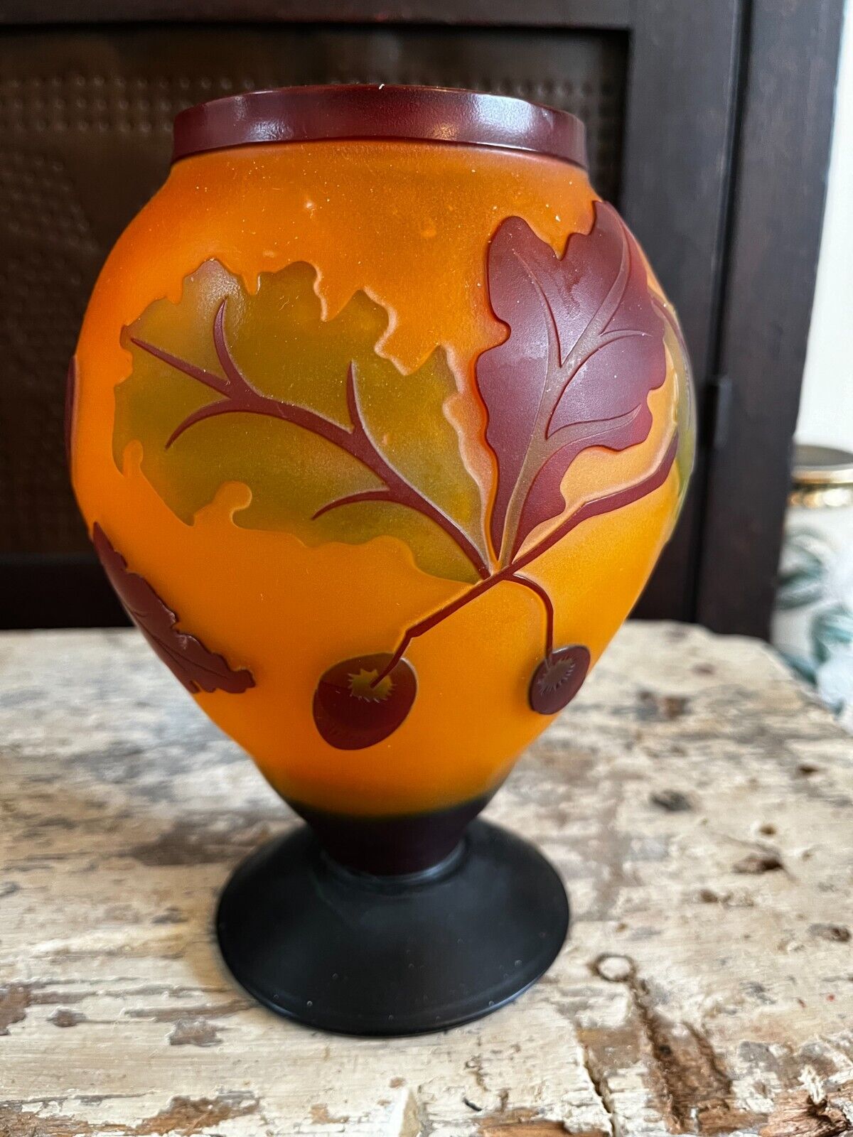 Burnt Orange Red CAMEO GLASS VASE Oak Leaves & Acorns-Galle Style 7-1/2” EXC