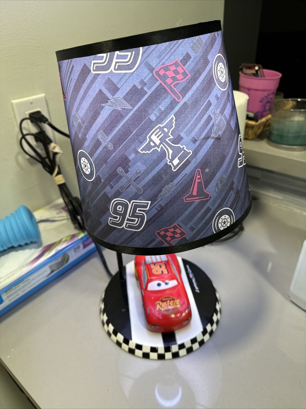Disney Cars Lightning McQueen Table Bedside Lamp Checkered Flag Base With Shade