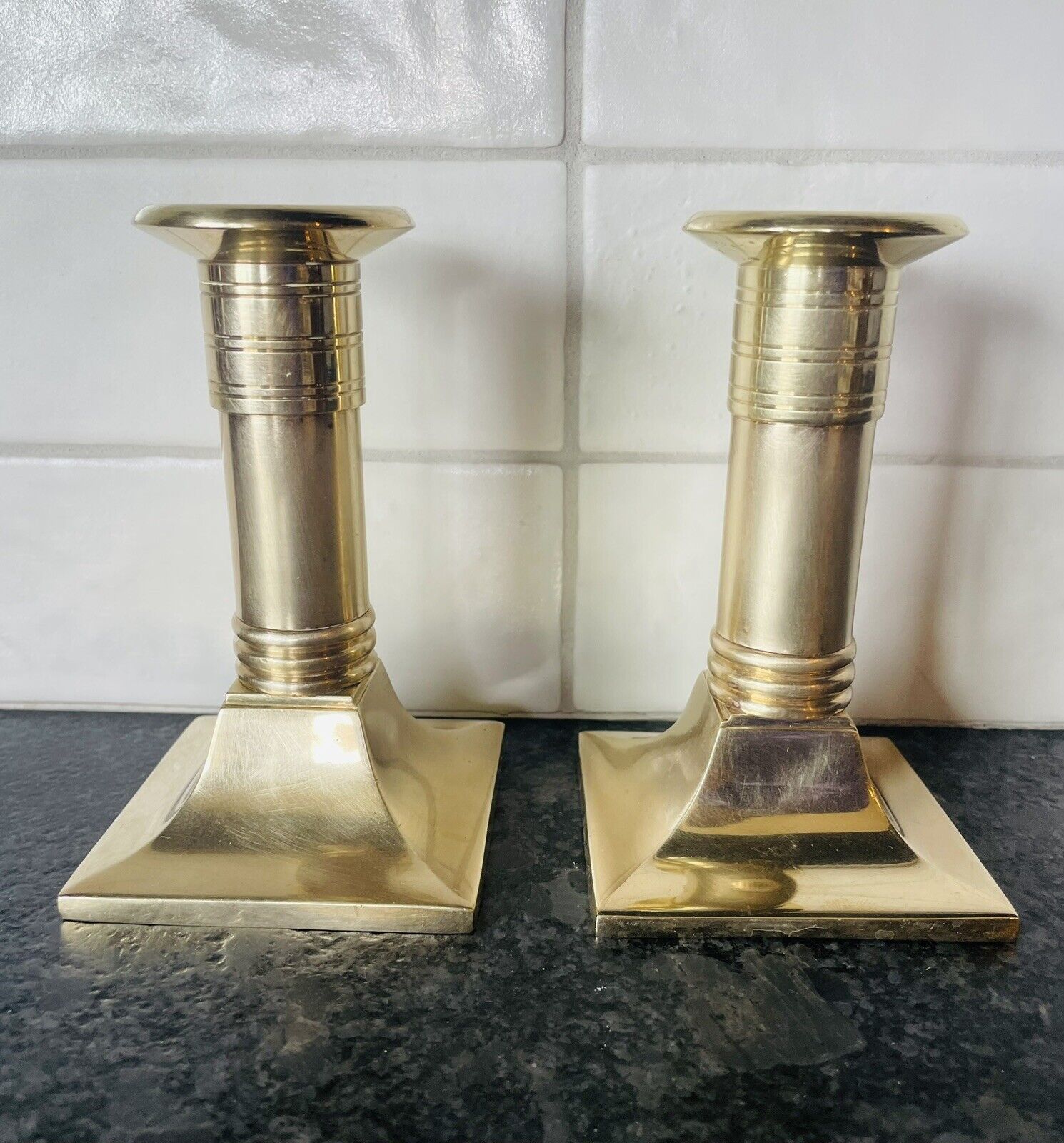 Vintage Solid Brass Candlesticks Set of 2 Square Bottom Taper Holder Heavy