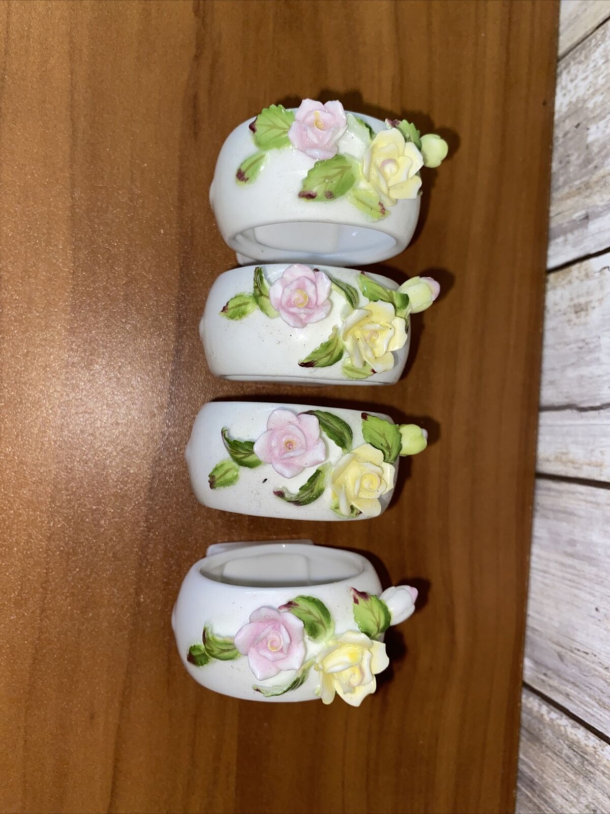Vintage Georgian Napkin Rings Holder Bone China Pink Yellow Flowers Set of 4