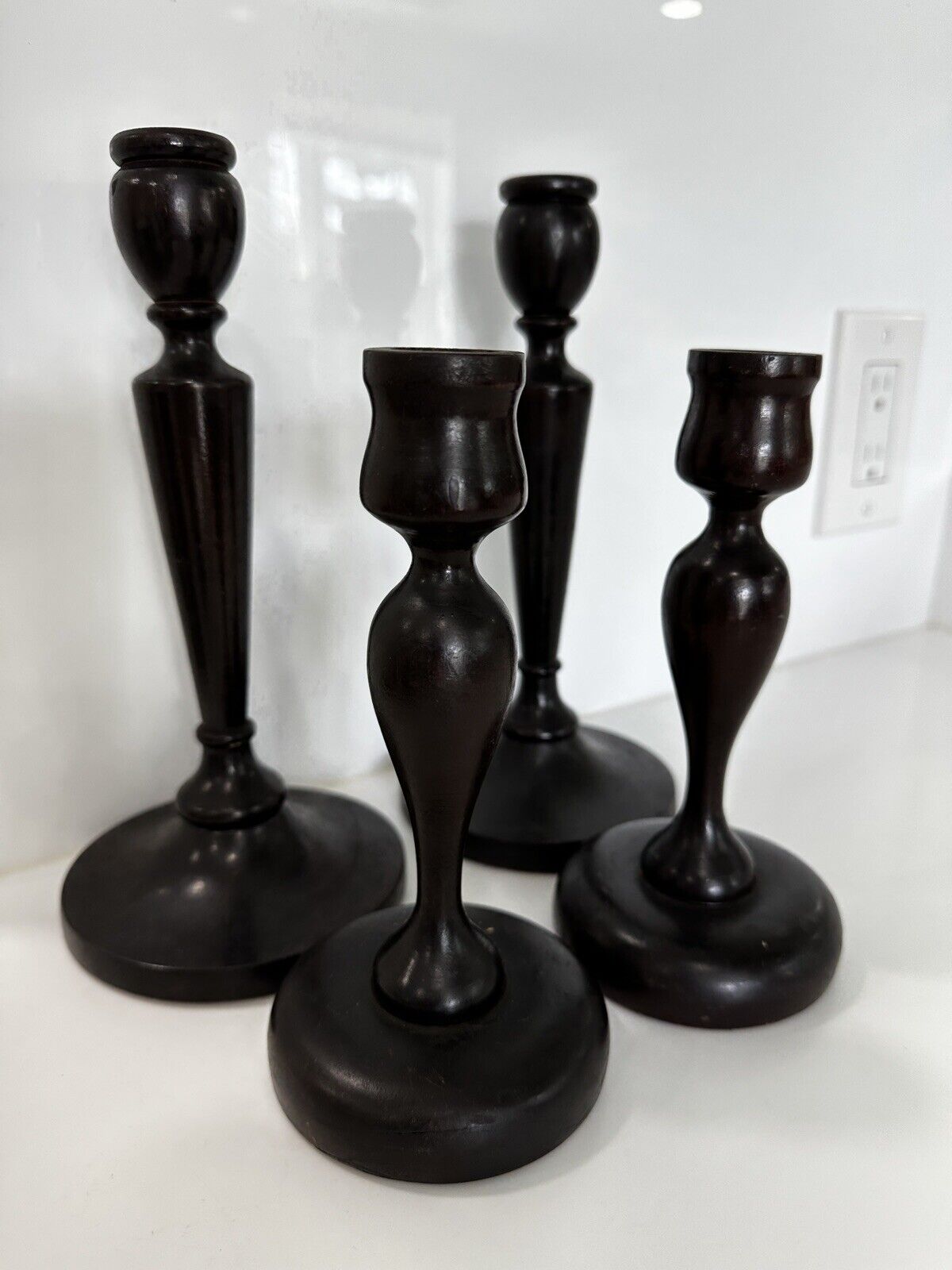 Four Antique Rare Wooden Colonial Style Candlesticks 