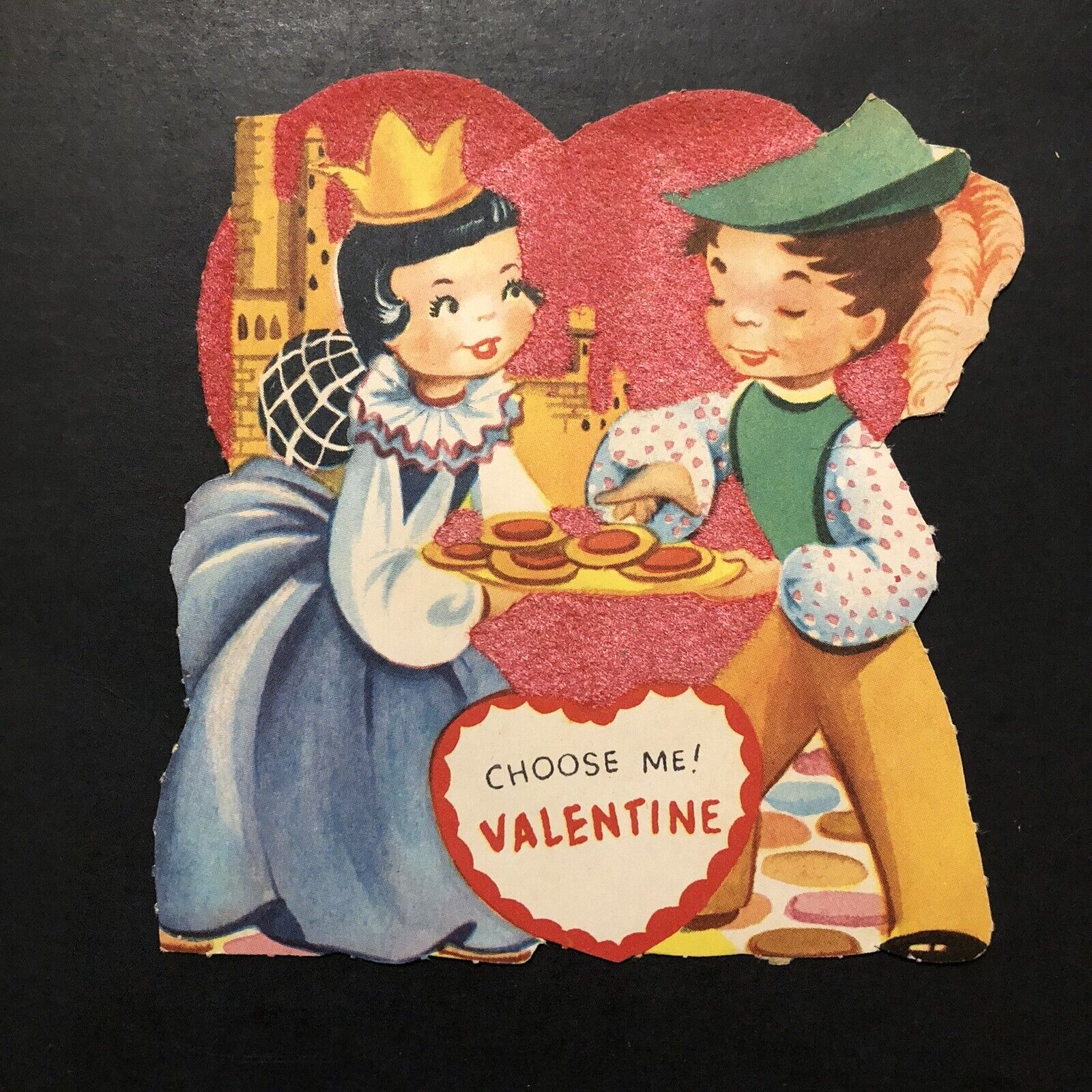 Vtg Valentine Card Cute Princess Giving Prince Valentine Cookies Castle Flocked