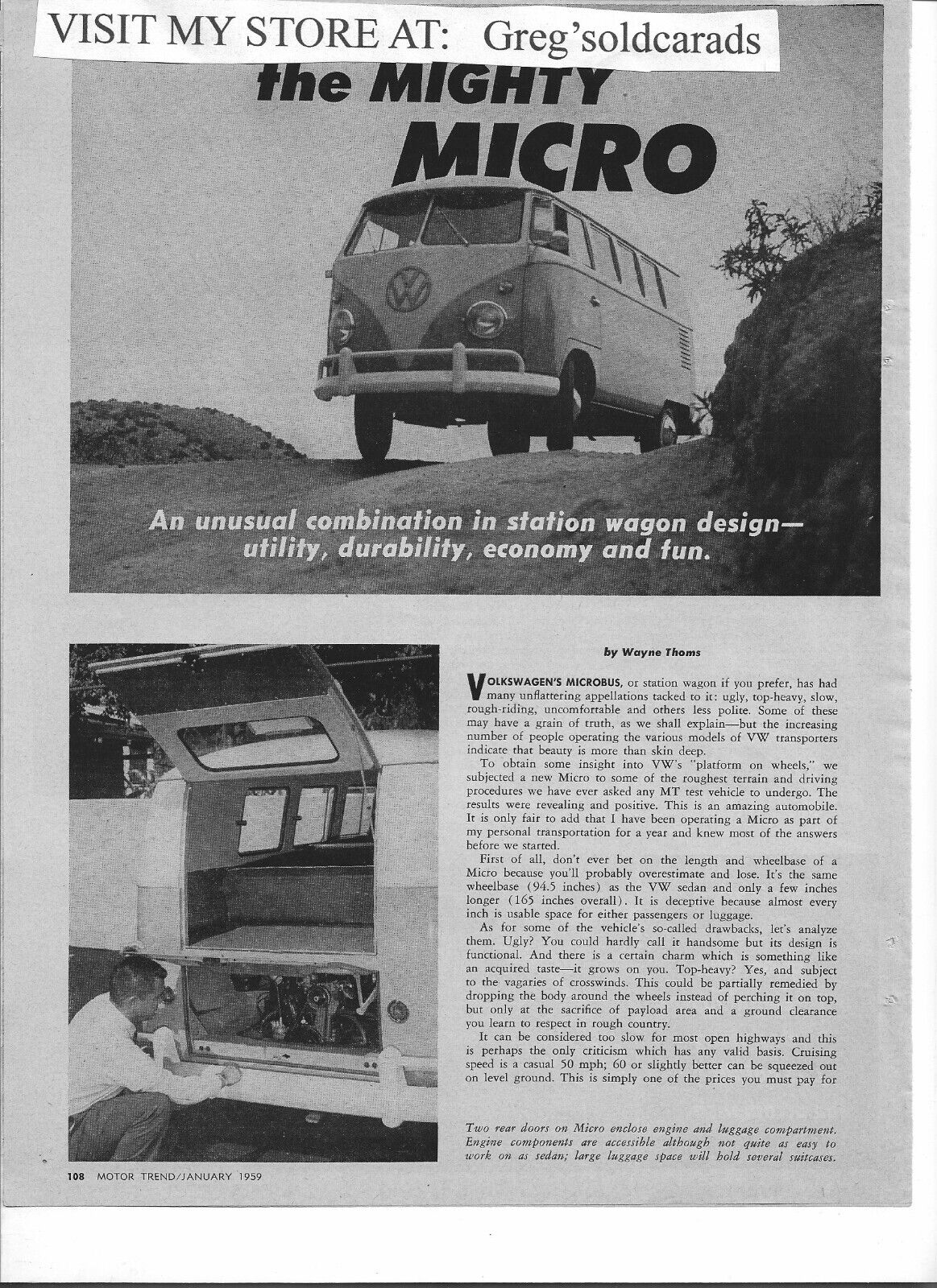 Original 1959 Volkswagen Station Wagon (Bus) 2 page Road Test,  like a print ad