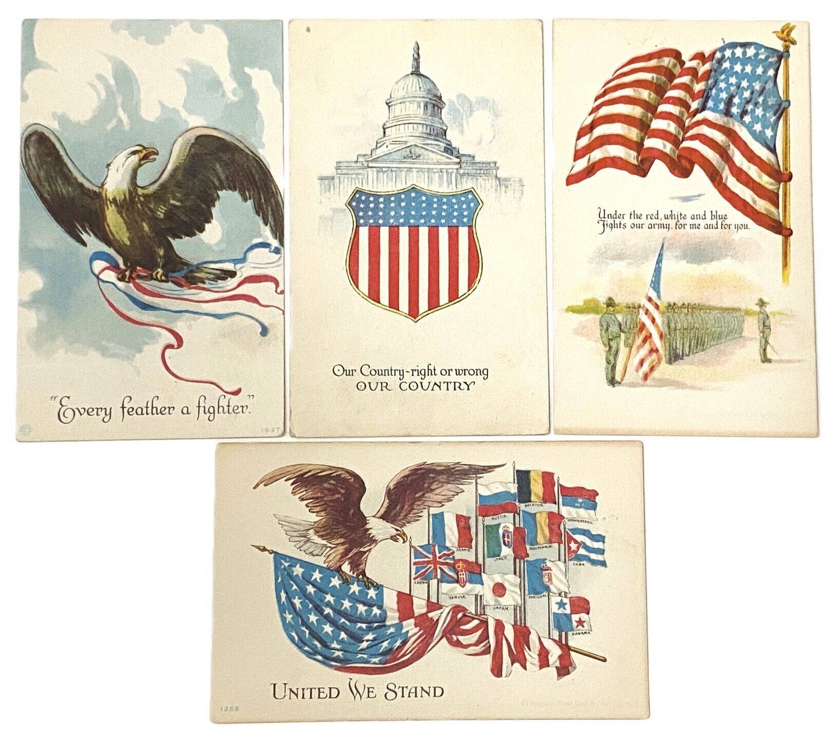 4 WWI World War 1 Vtg Patriotic Postcards Eagle US Capitol Allies Flags Soldiers