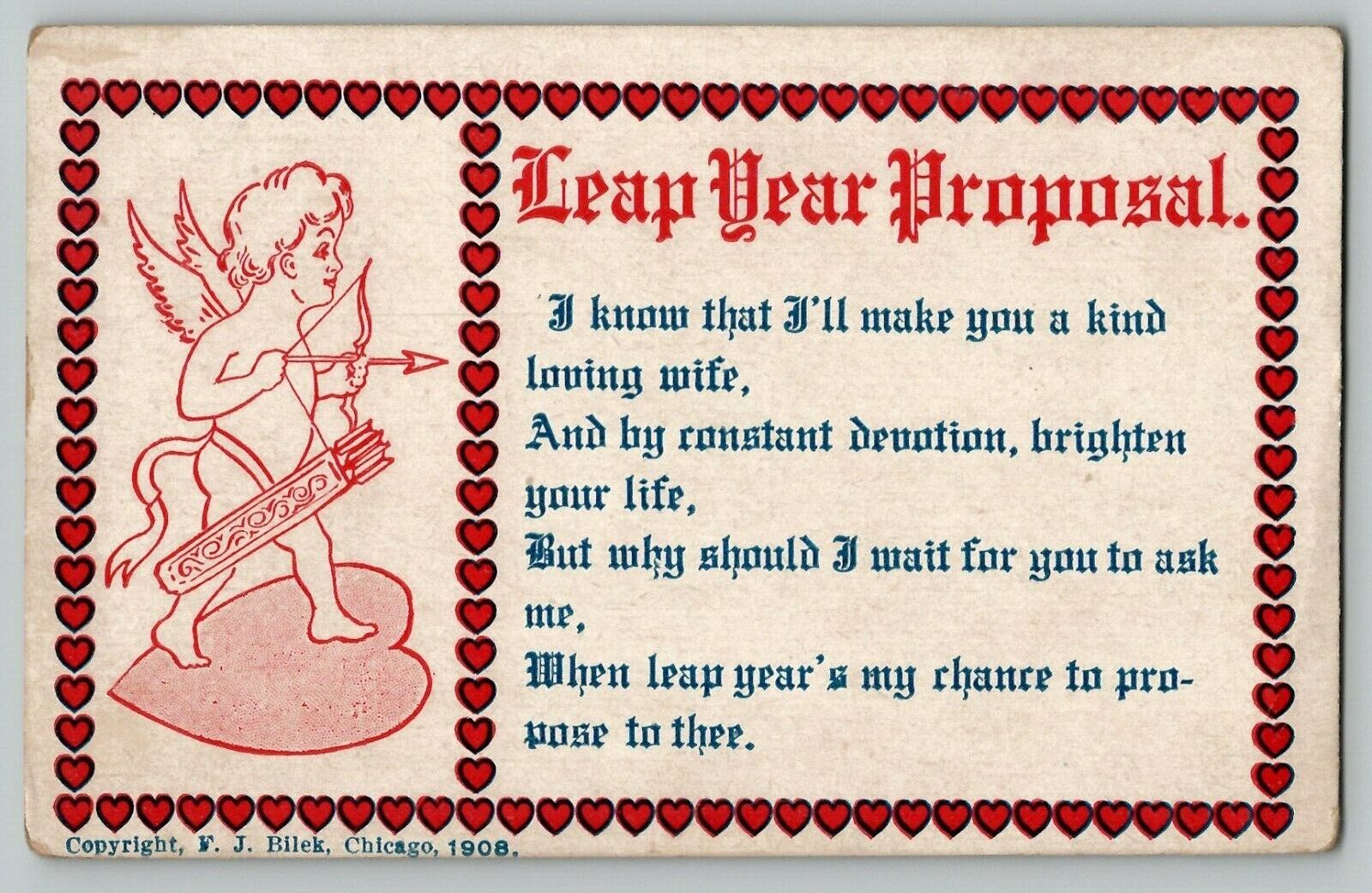 1908 Leap Year Proposal Cupid Poem by F J Bilek Vintage Postcard 253 Union Made