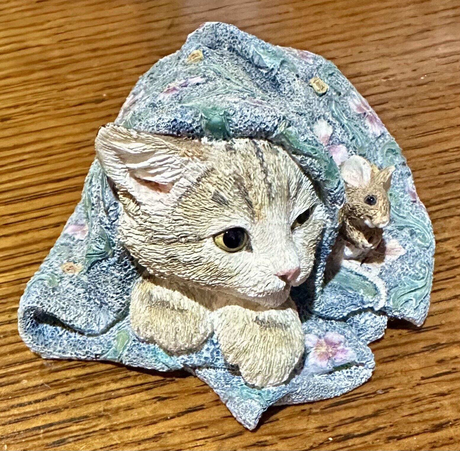 Adorable Kitten Cat w/ Mouse Sleeping Under Blanket Figurine Hand Painted 3\
